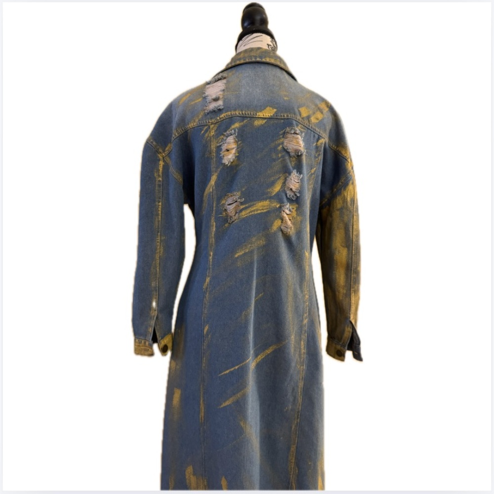 Distressed Hand-Painted Denim Maxi Duster Jacket w. Gold Finish - Picture 14 of 16
